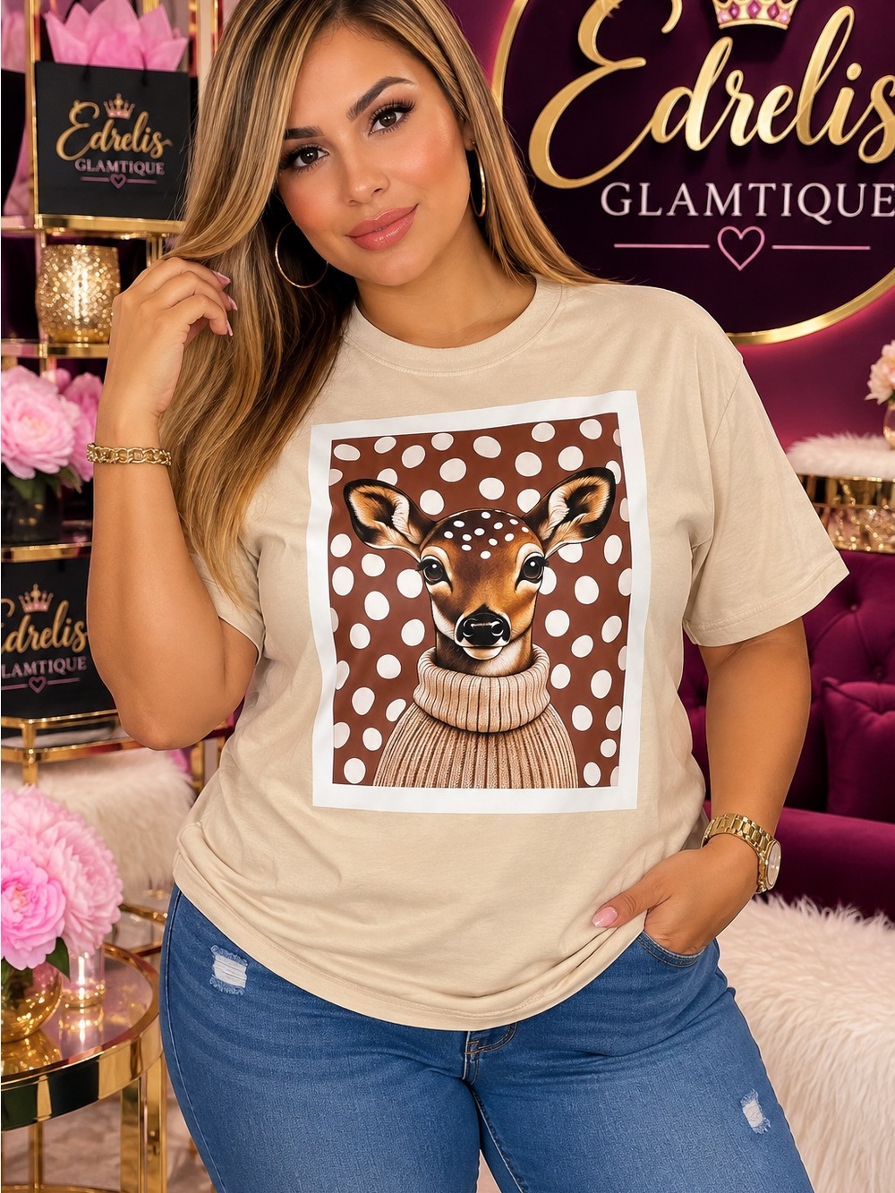 Beige Graphic Tee with Deer Motif 100% Cotton